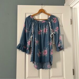 Ali Miles Top Womens Medium Blue Floral Chambray Lace Up Shirt Frayed Western